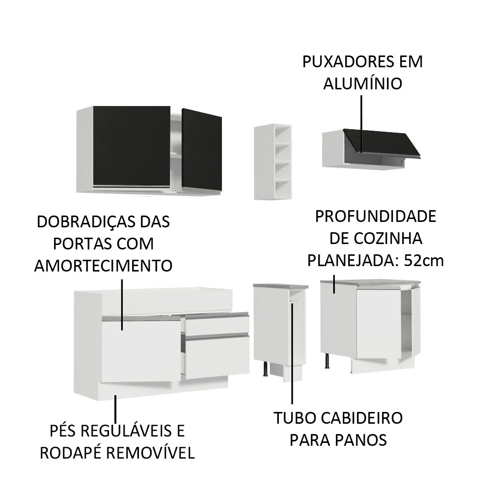 Armário de Cozinha Completa 220cm Branco/Branco/Preto Parma Madesa 03 - Image 4