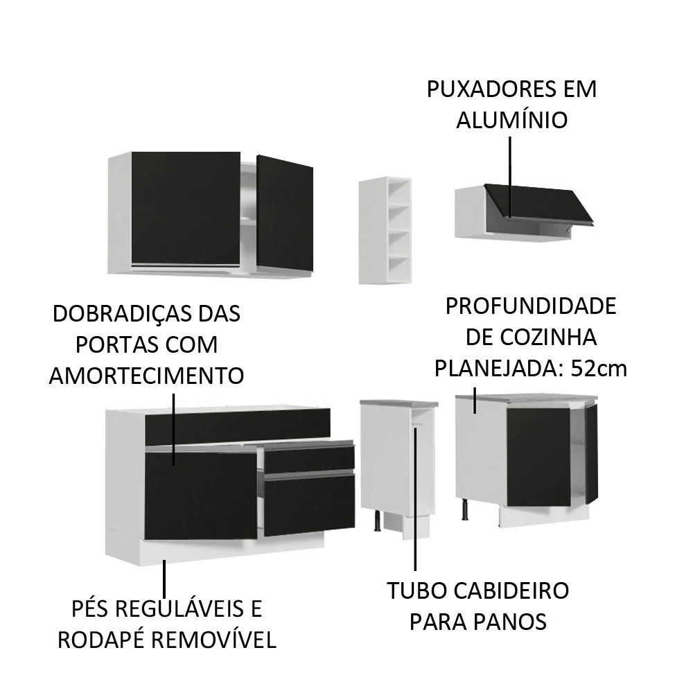 Armário de Cozinha Completa 220cm Branco/Preto Parma Madesa 03 - Image 4