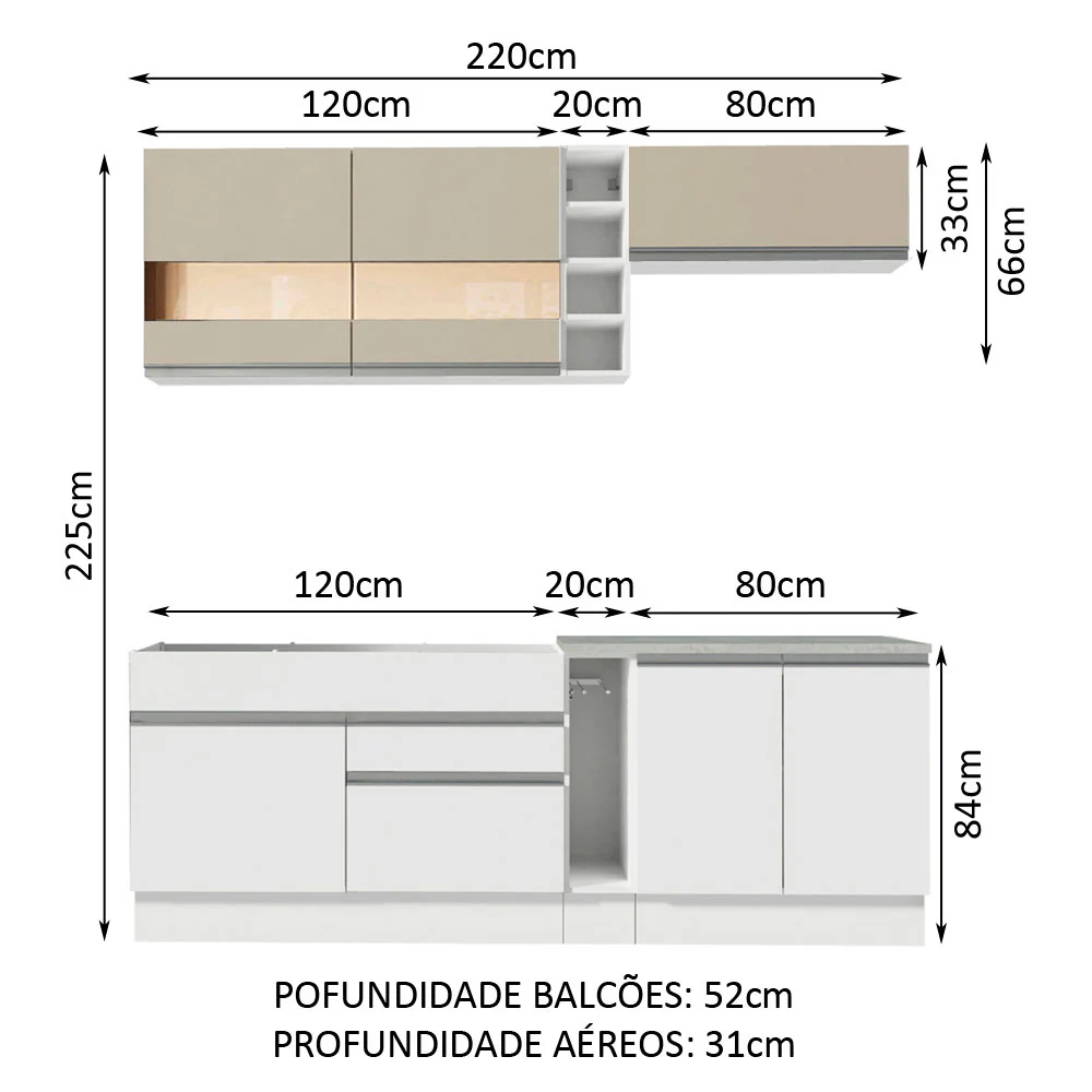 Armário de Cozinha Completa 220cm Branco/Branco/Crema Parma Madesa 02 - Image 3