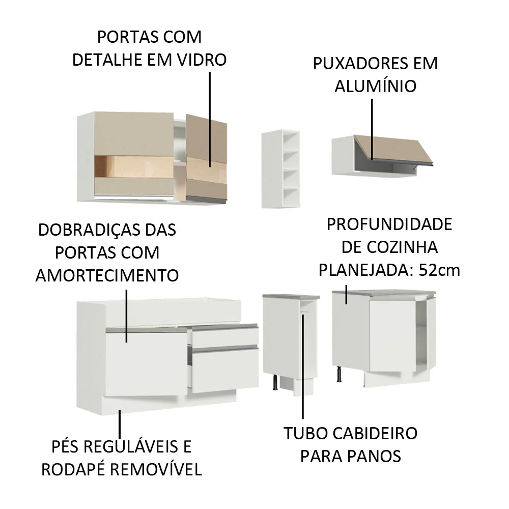 Armário de Cozinha Completa 220cm Branco/Branco/Crema Parma Madesa 02 - Image 4
