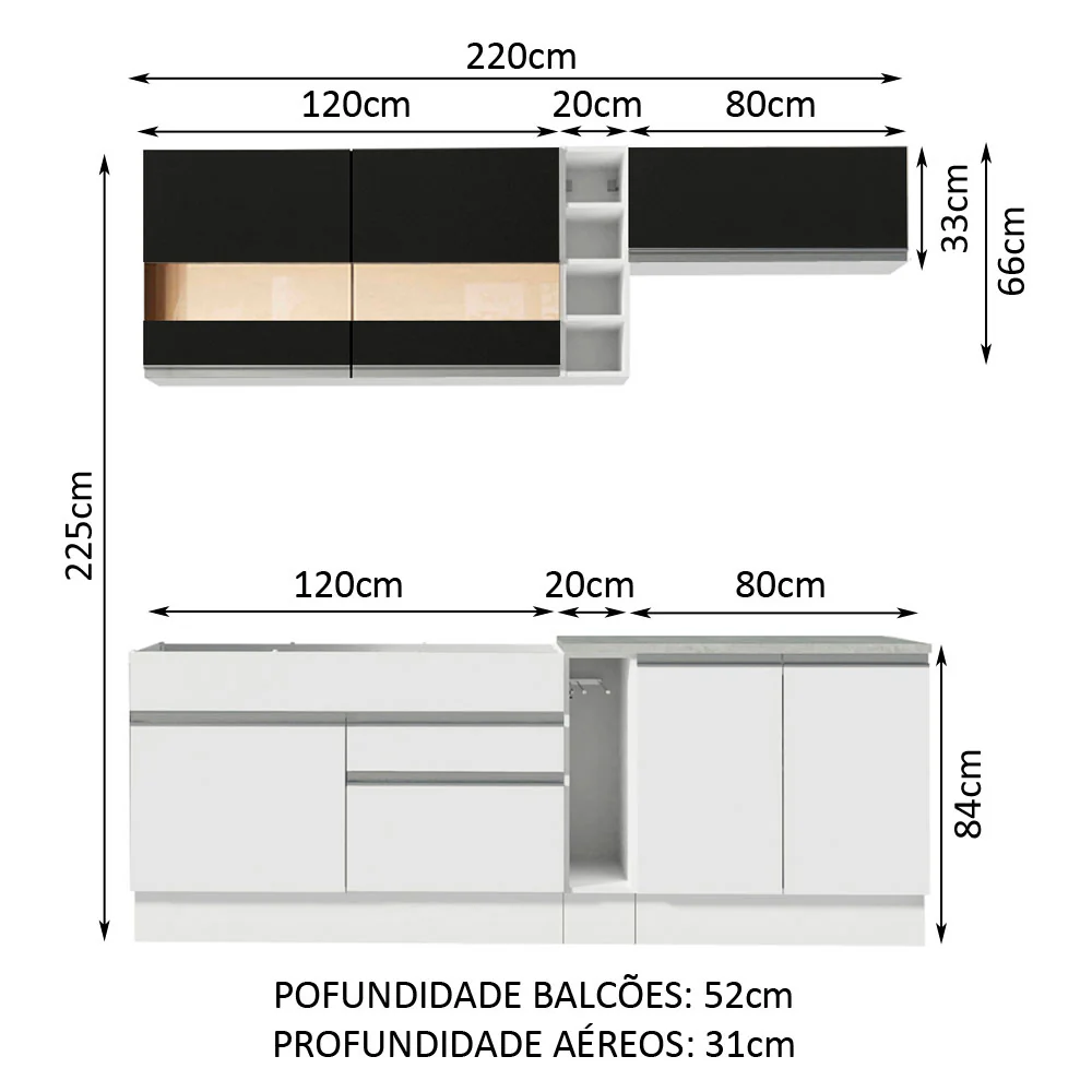 Armário de Cozinha Completa 220cm Branco/Branco/Preto Parma Madesa 02 - Image 3