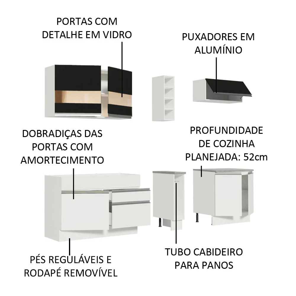 Armário de Cozinha Completa 220cm Branco/Branco/Preto Parma Madesa 02 - Image 4