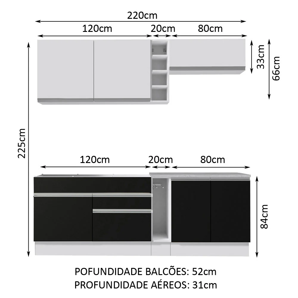 Armário de Cozinha Completa 220cm Branco/Preto/Branco Parma Madesa 03 - Image 3