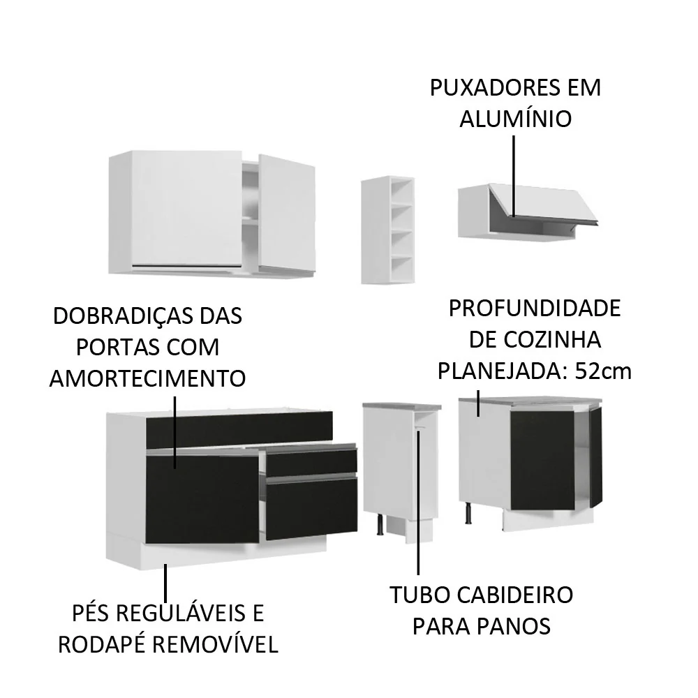 Armário de Cozinha Completa 220cm Branco/Preto/Branco Parma Madesa 03 - Image 4