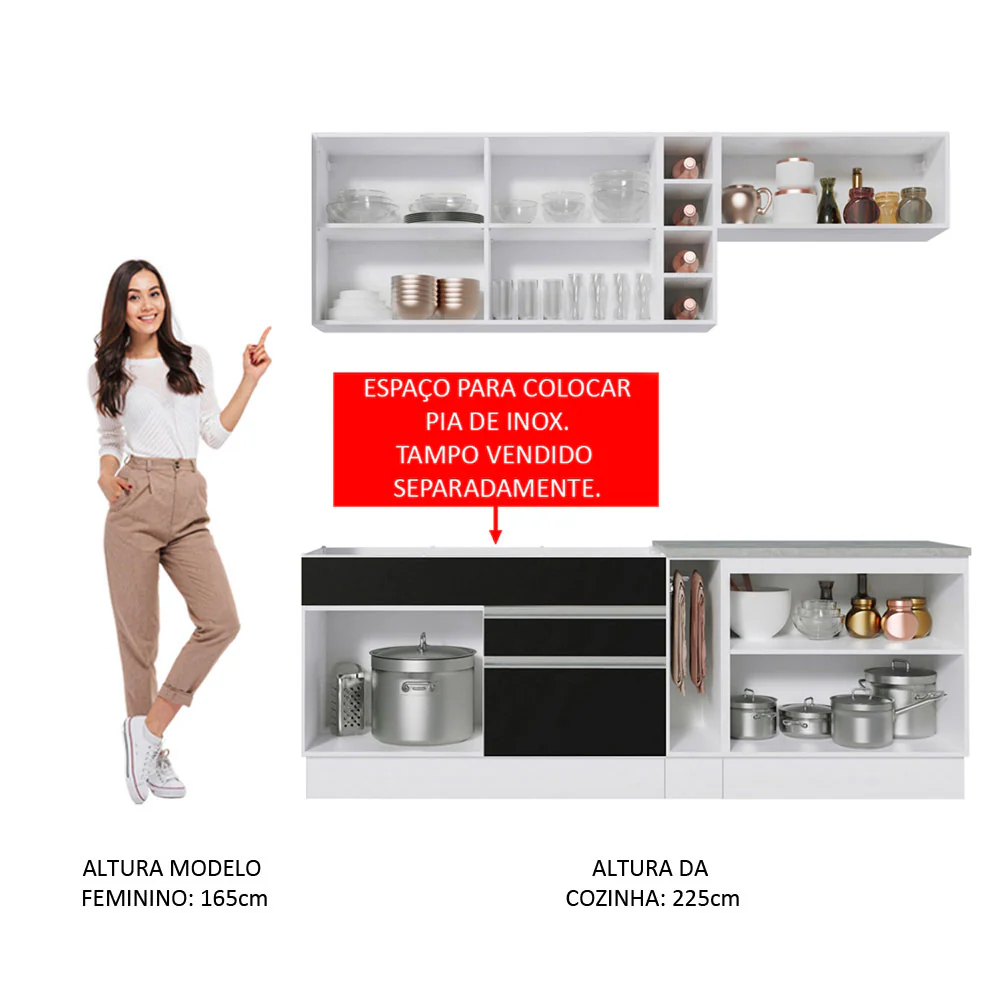 Armário de Cozinha Completa 220cm Branco/Preto/Branco Parma Madesa 03 - Image 5