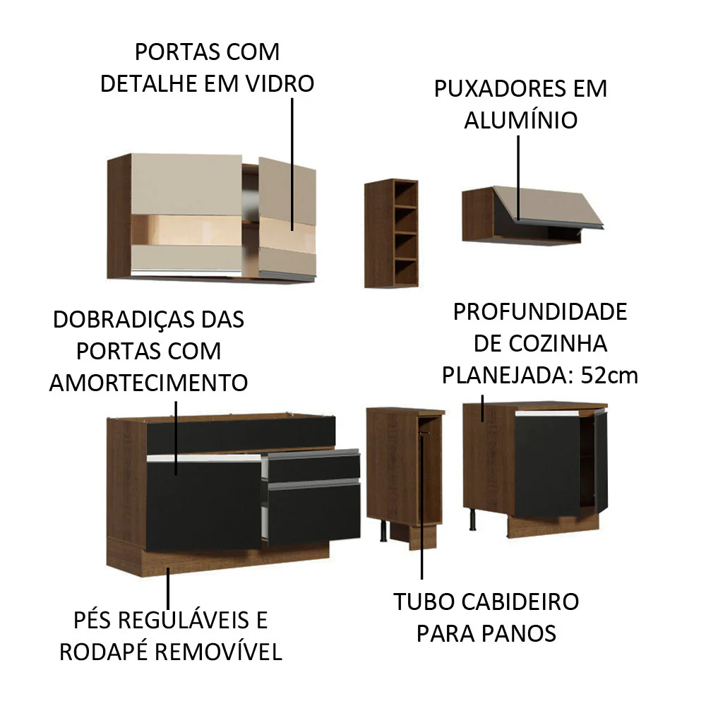 Armário de Cozinha Completa 220cm Rustic/Preto/Crema Parma Madesa 02 - Image 4