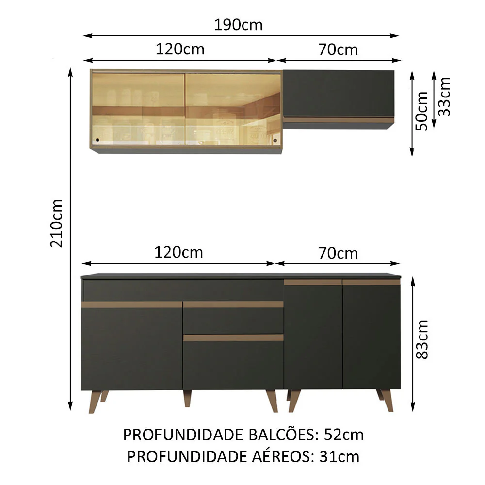 Armário de Cozinha Compacta 190cm Preto/Rustic Reims Madesa 01 - Image 3