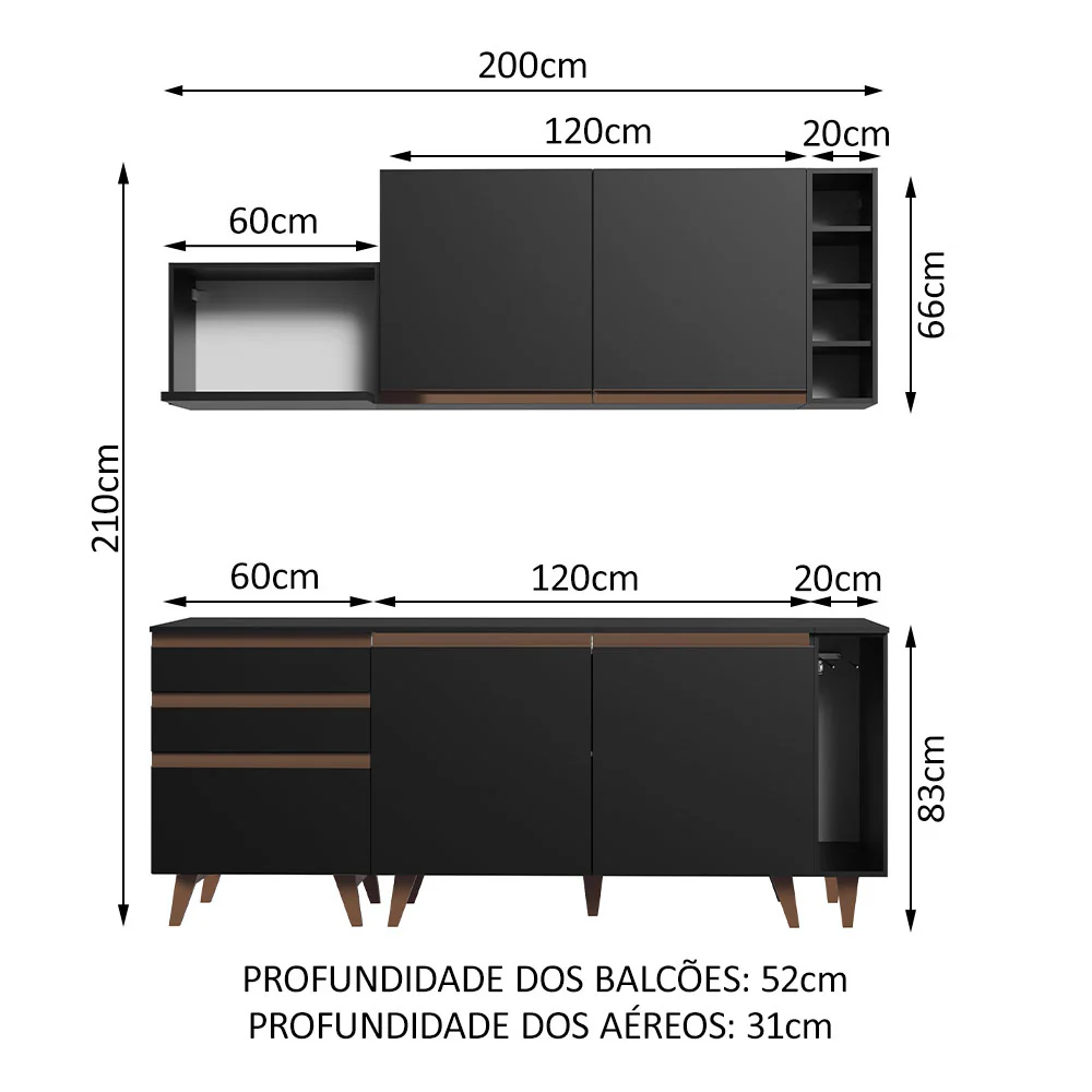 Armário de Cozinha Compacta 200cm Preto Reims Madesa 01 - Image 3