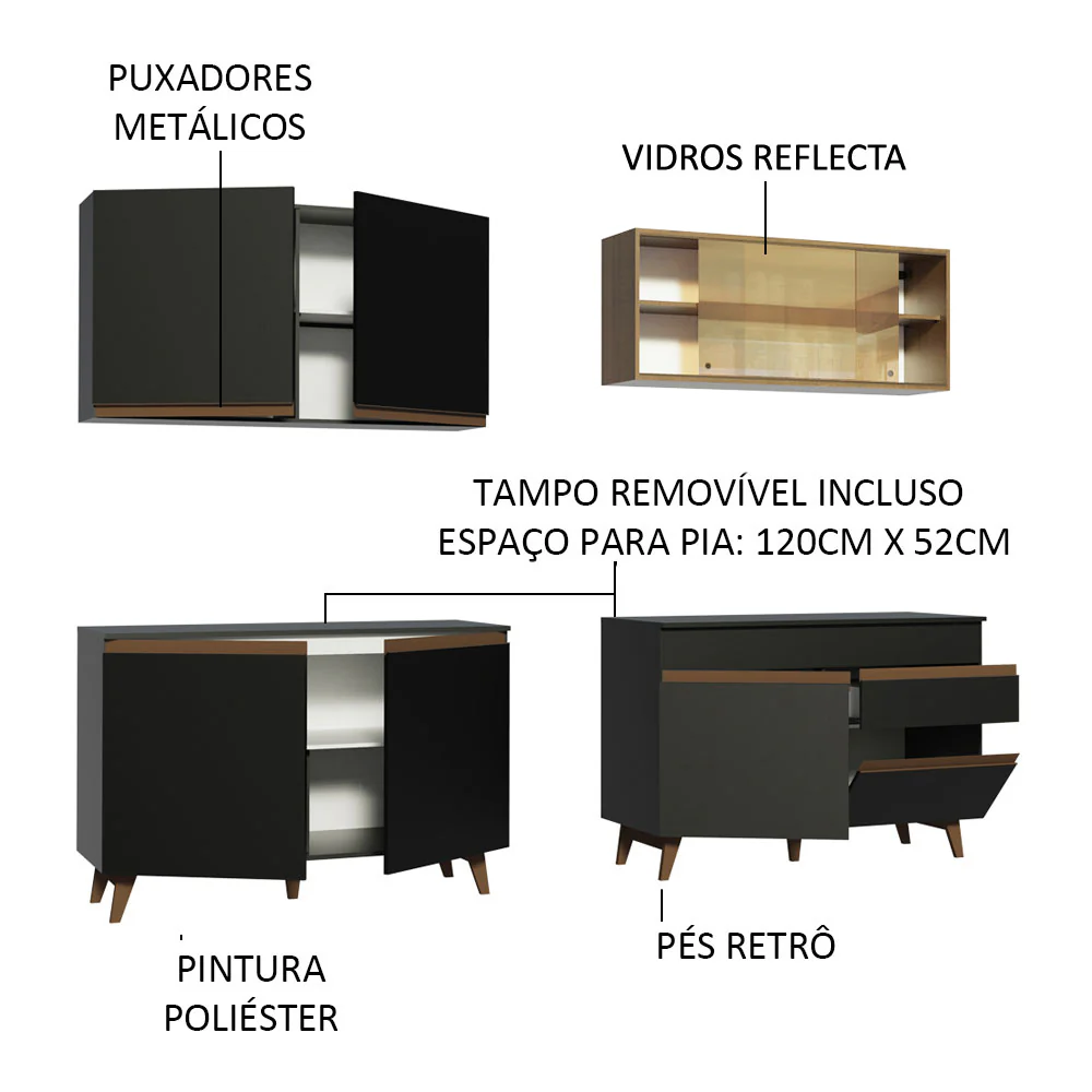 Armário de Cozinha Completa 240cm Preto/Rustic Reims Madesa 01 - Image 4