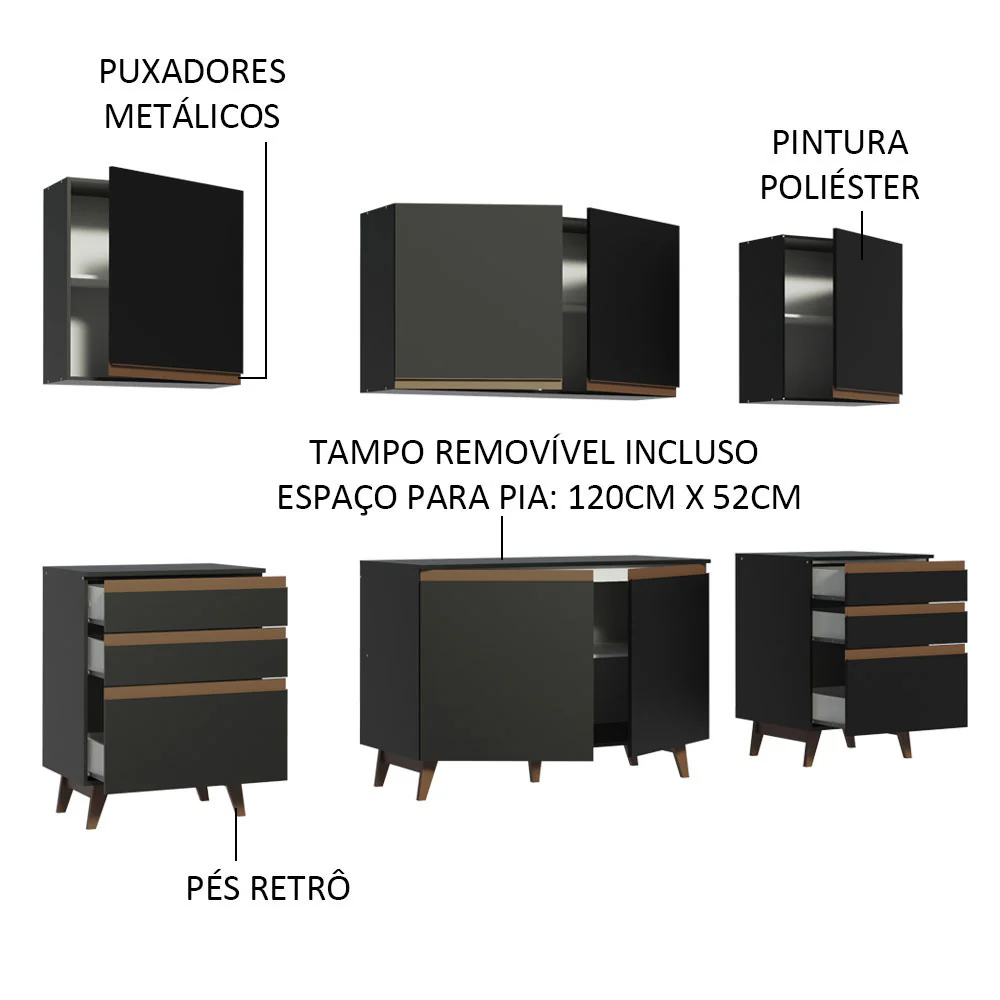 Armário de Cozinha Completa 240cm Preto/Rustic Reims Madesa 02 - Image 4
