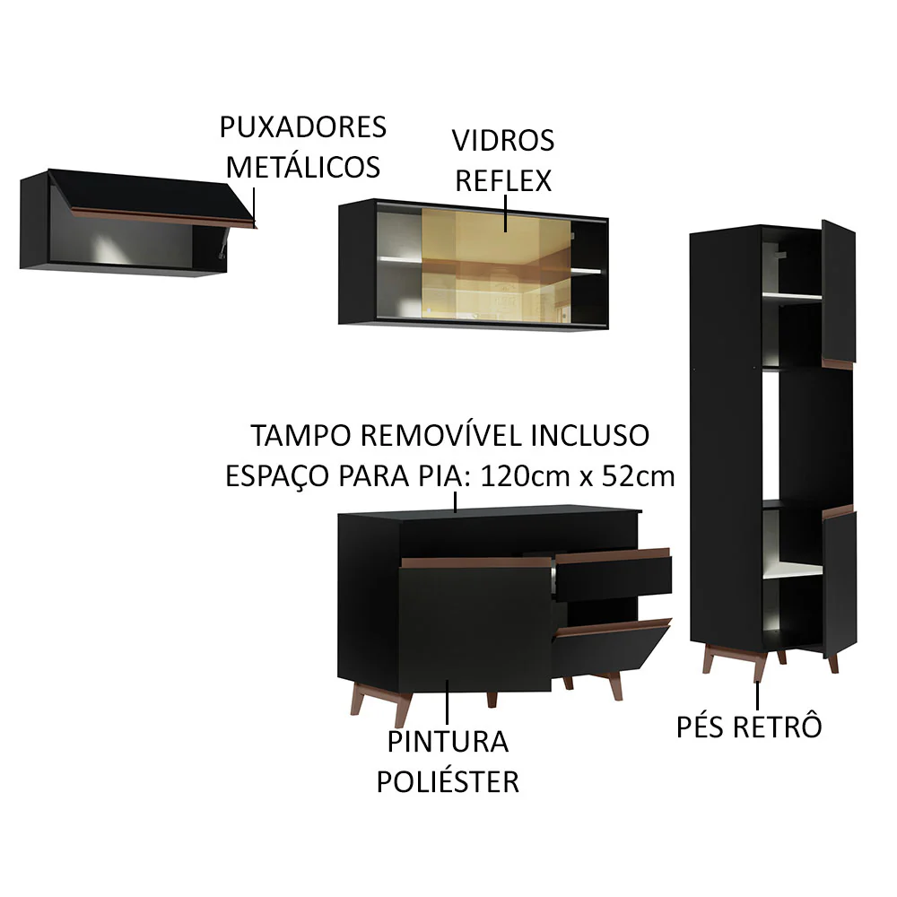Armário de Cozinha Completa 250cm Preto Reims Madesa 03 - Image 4