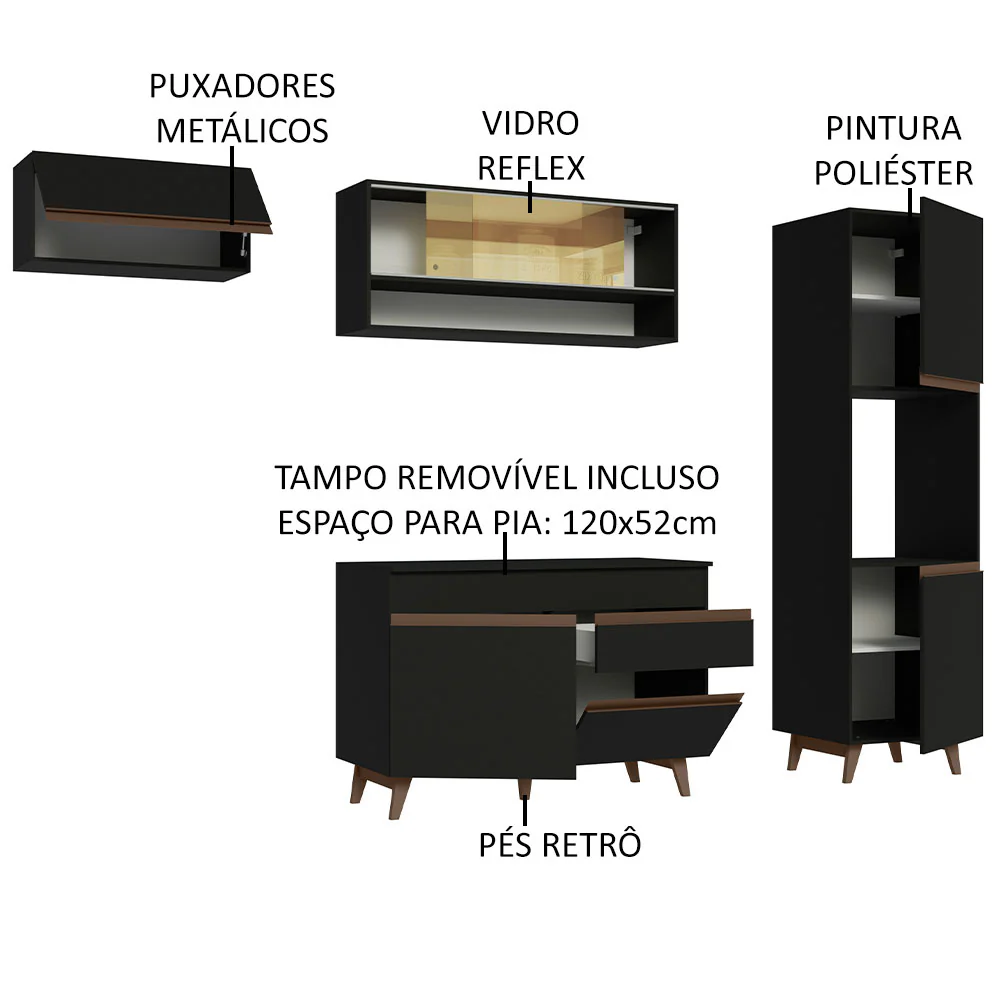Armário de Cozinha Completa 250cm Preto Reims Madesa 04 - Image 4