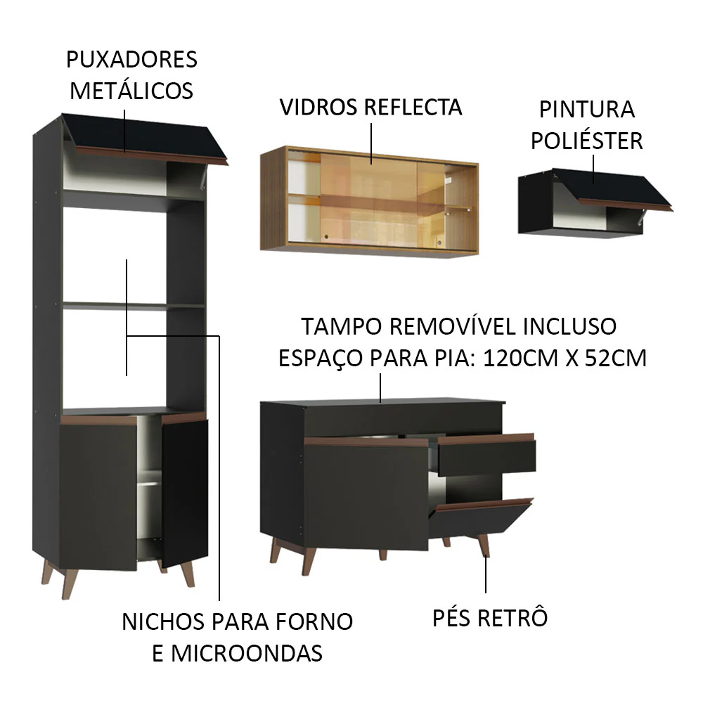 Armário de Cozinha Completa 260cm Preto/Rustic Reims Madesa 01 - Image 4