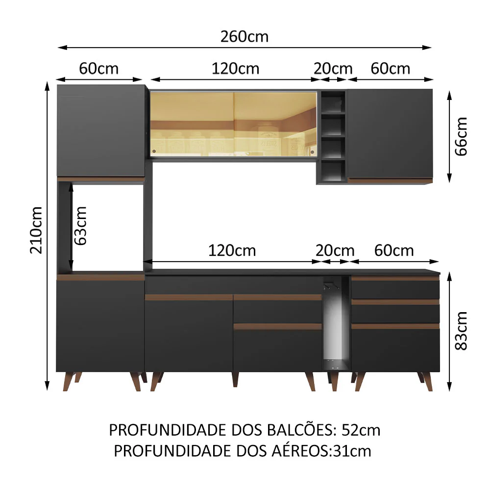 Armário de Cozinha Completa 260cm Preto Reims Madesa 04 - Image 3