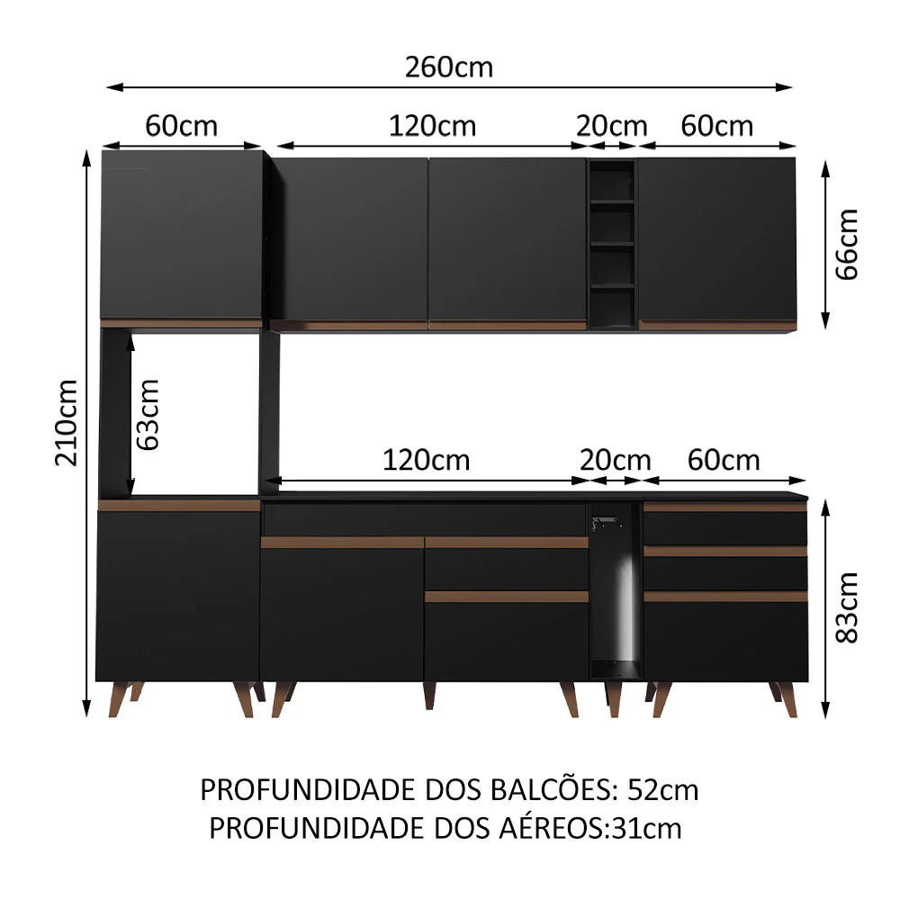 Armário de Cozinha Completa 260cm Preto Reims Madesa 05 - Image 3
