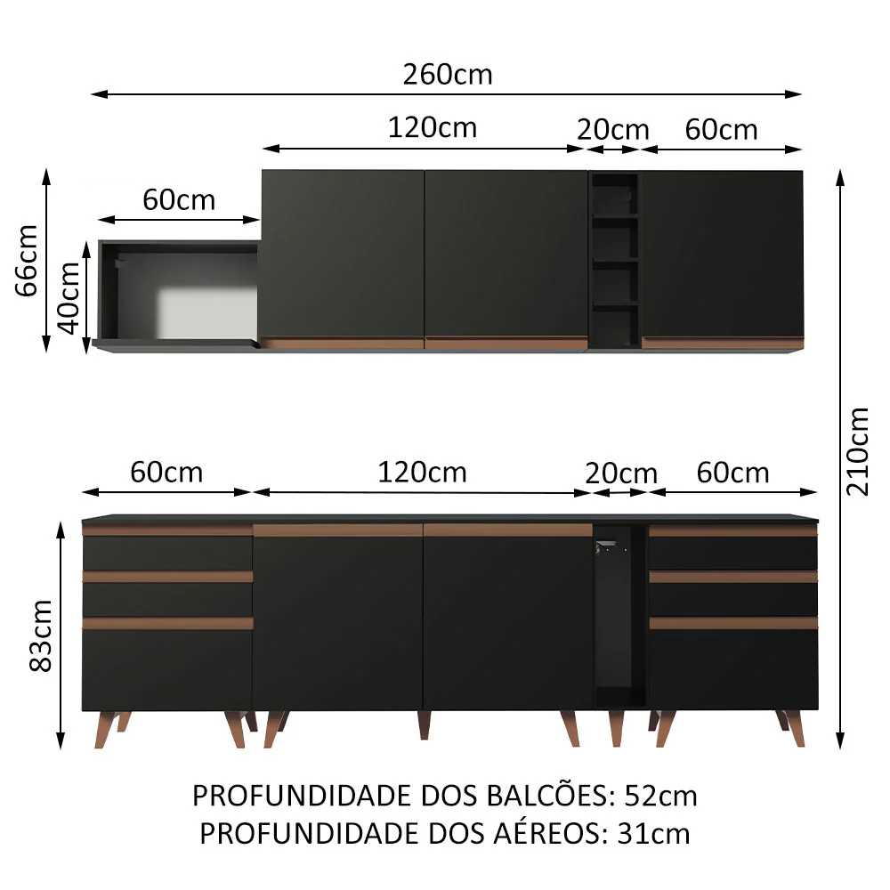 Armário de Cozinha Completa 260cm Preto Reims Madesa 06 - Image 3