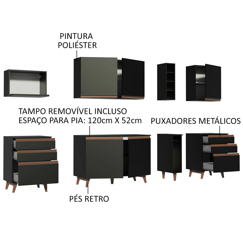 Armário de Cozinha Completa 260cm Preto Reims Madesa 06 - Image 4