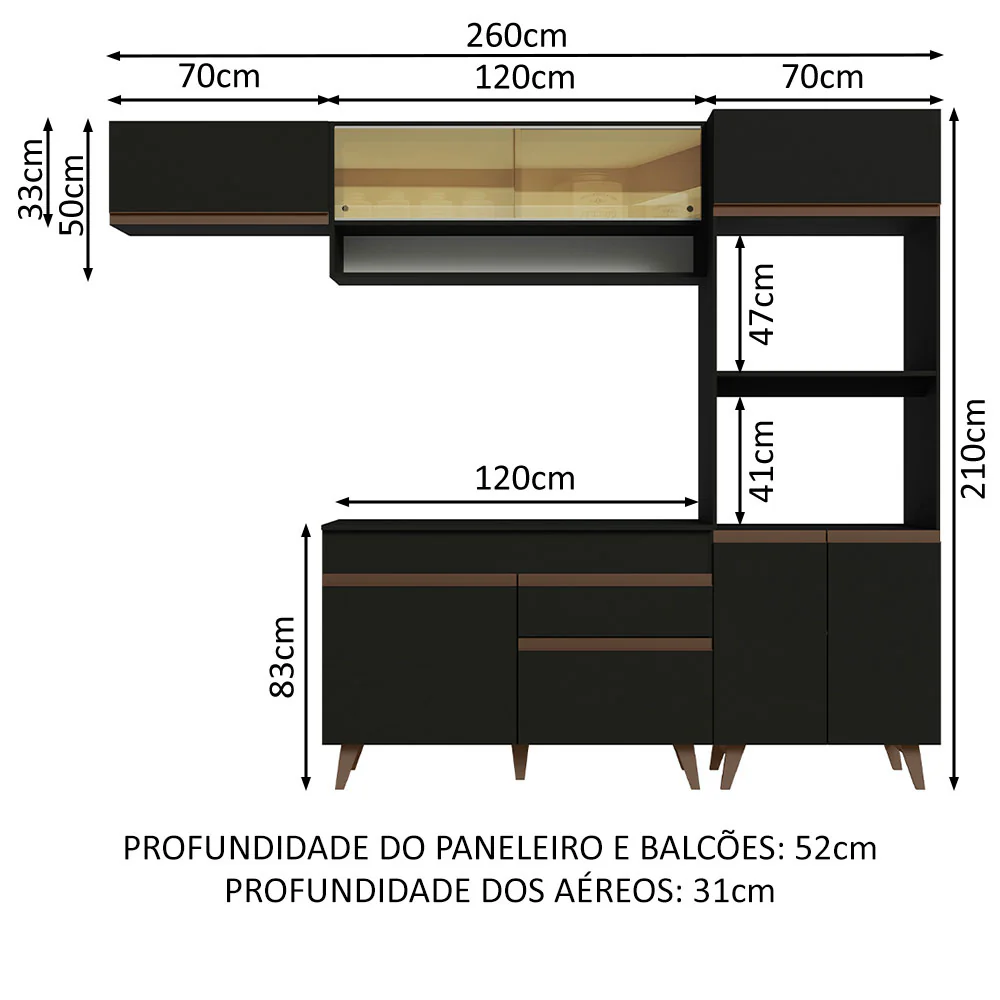 Armário de Cozinha Completa 260cm Preto Reims Madesa 07 - Image 3