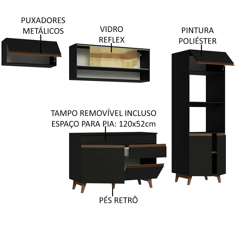 Armário de Cozinha Completa 260cm Preto Reims Madesa 07 - Image 4