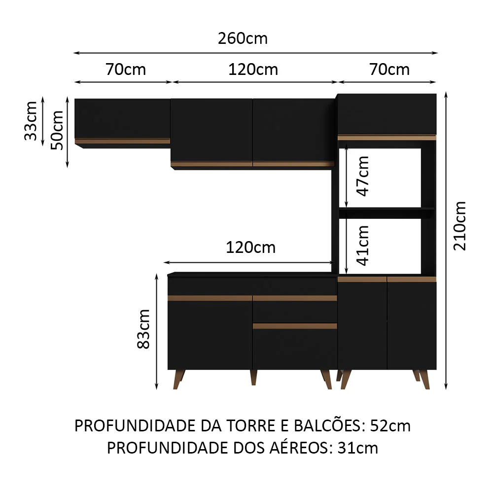 Armário de Cozinha Completa 260cm Preto Reims Madesa 08 - Image 3