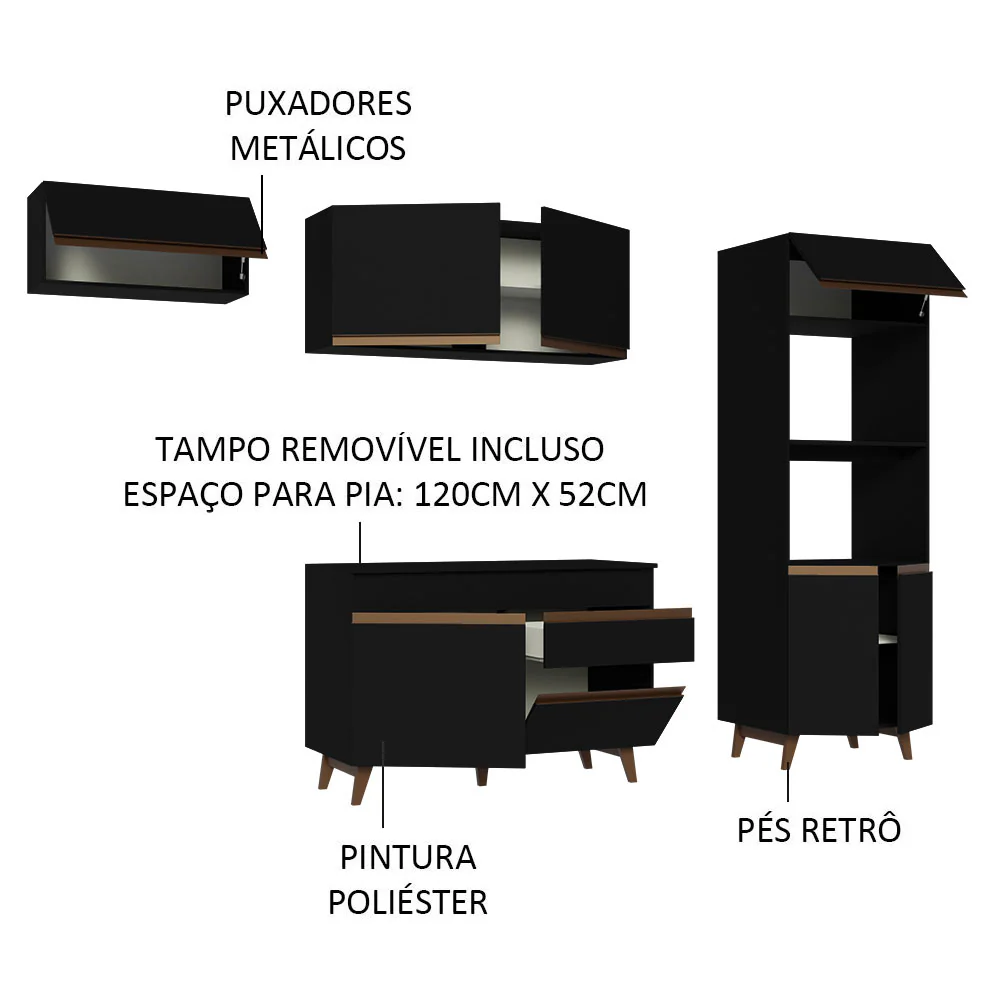 Armário de Cozinha Completa 260cm Preto Reims Madesa 08 - Image 4