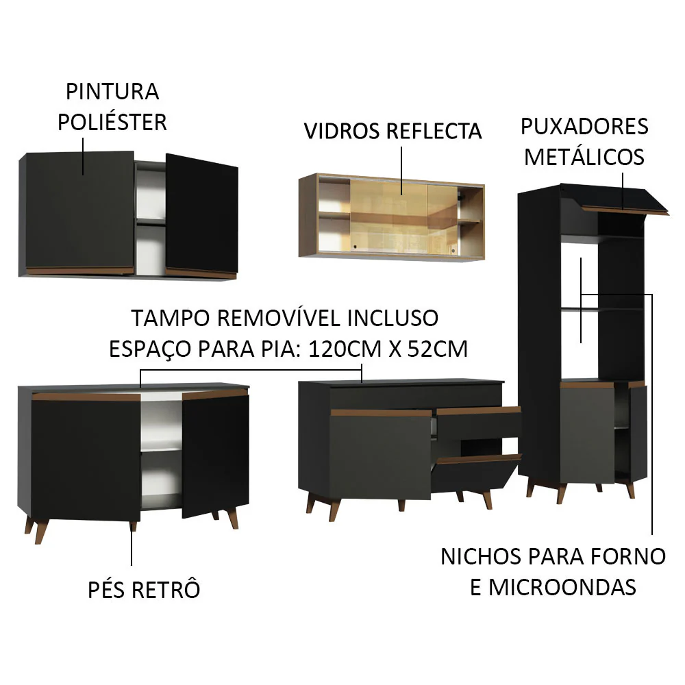 Armário de Cozinha Completa 310cm Preto/Rustic Reims Madesa 01 - Image 4