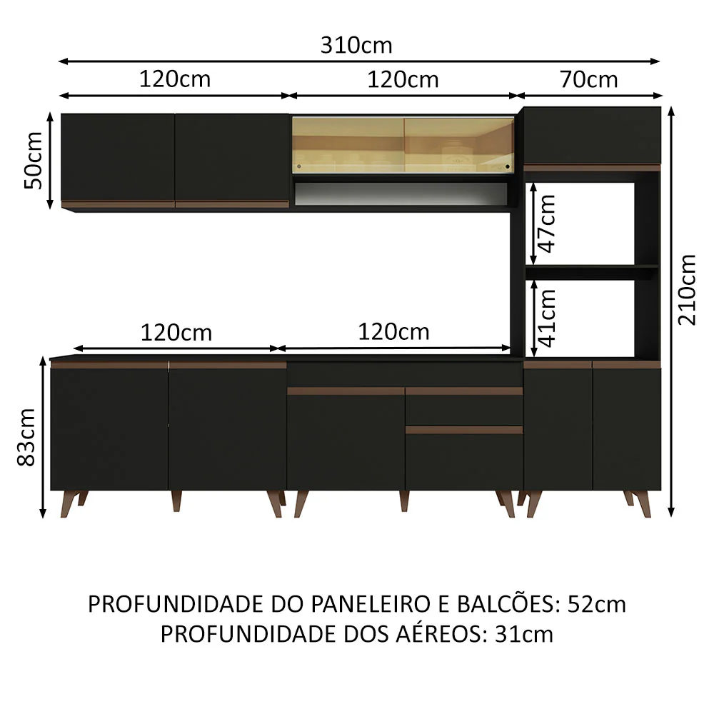 Armário de Cozinha Completa 310cm Preto Reims Madesa 02 - Image 3