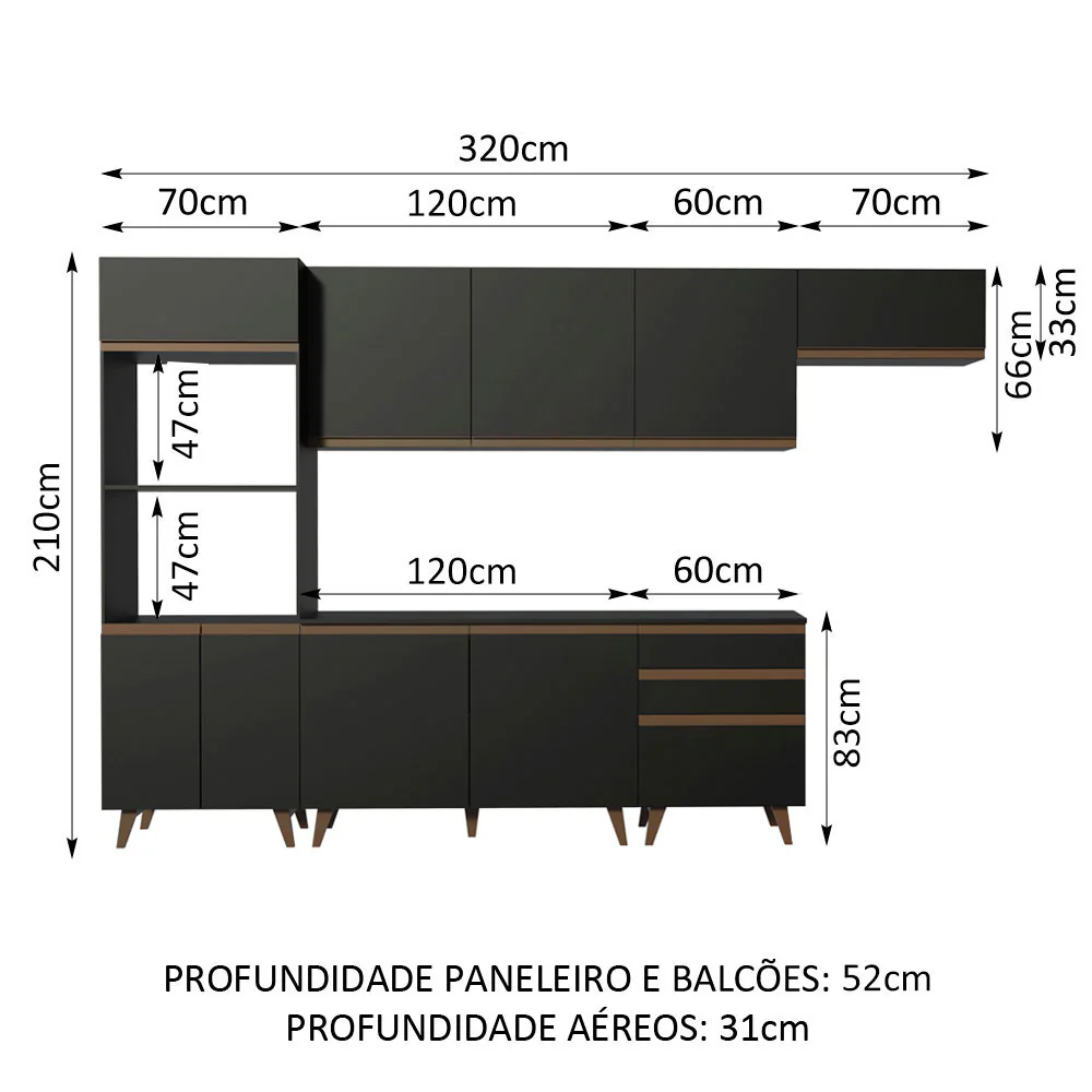 Armário de Cozinha Completa 320cm Preto Reims Madesa 01 - Image 3