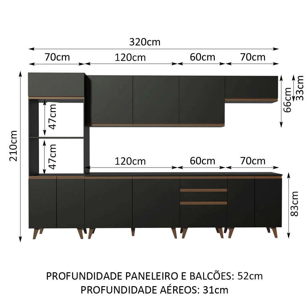 Armário de Cozinha Completa 320cm Preto Reims Madesa 02 - Image 3