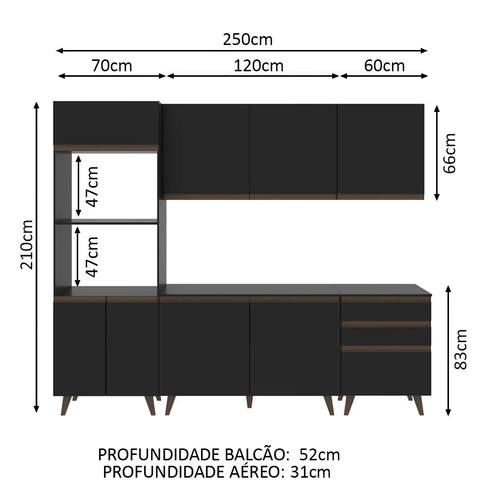 Armário de Cozinha Completa 250cm Preto Reims Madesa - Image 3
