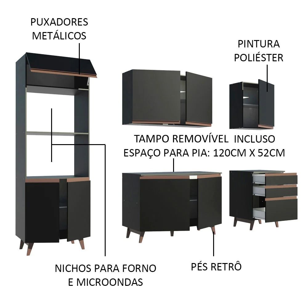 Armário de Cozinha Completa 250cm Preto Reims Madesa - Image 4
