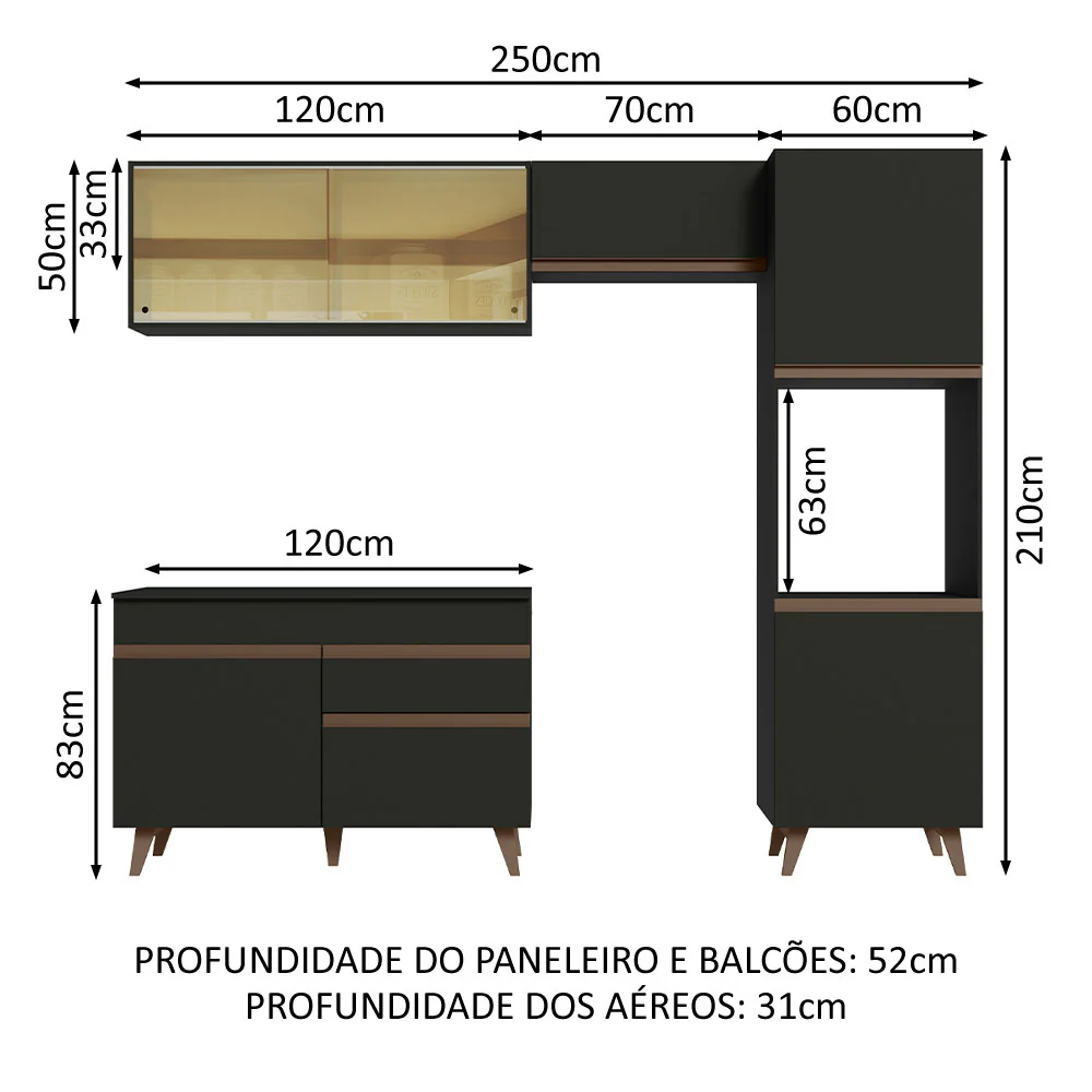 Armário de Cozinha Completa 250cm Preto Reims Madesa XA03 - Image 3