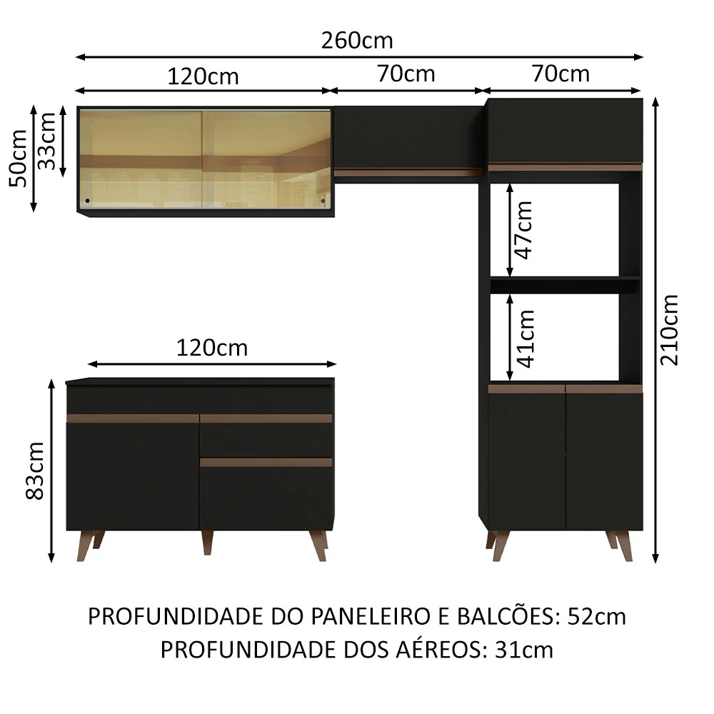 Armário de Cozinha Completa 260cm Preto Reims Madesa XC01 - Image 3