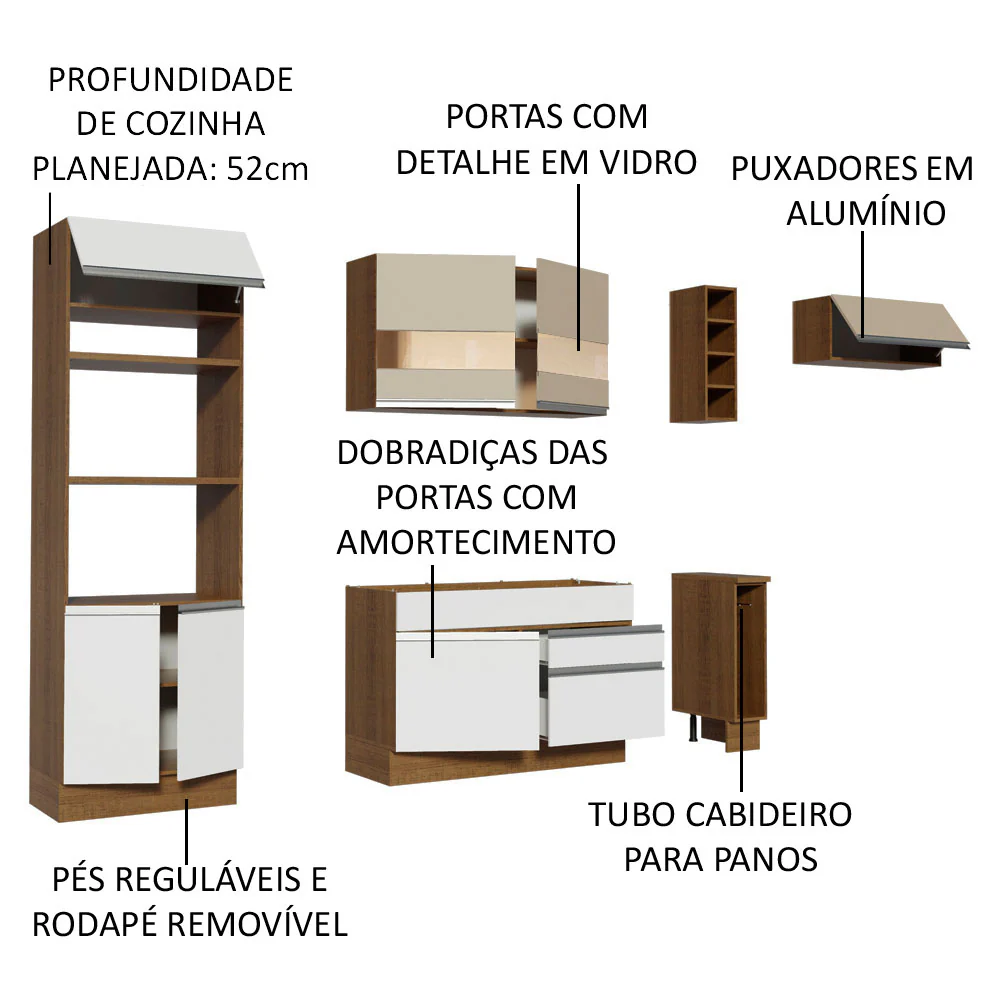 Armário de Cozinha Completa 290cm Branco/Crema Safira Madesa 03 - Image 4
