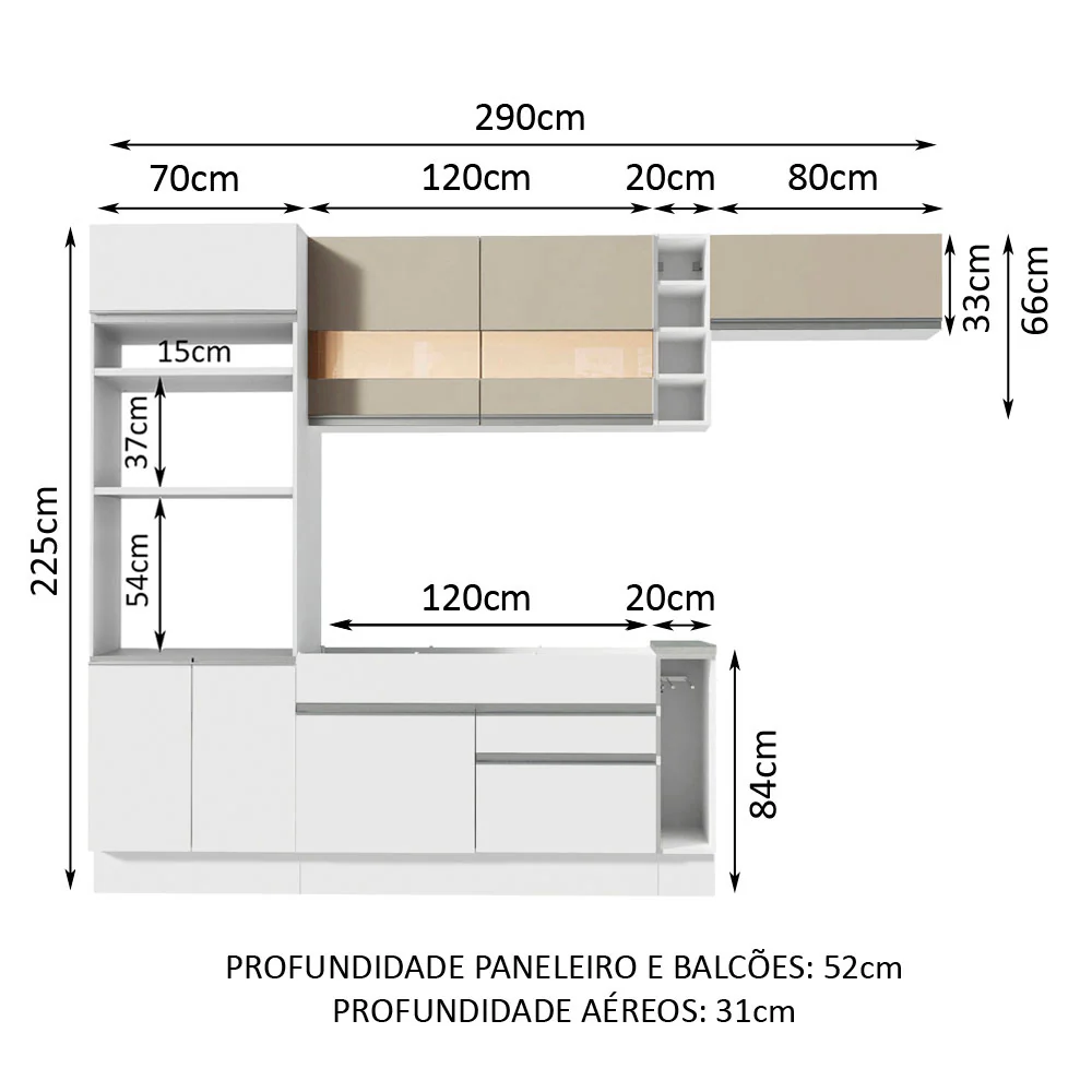Armário de Cozinha Completa 290cm Branco/Branco/Crema Safira Madesa 03 - Image 3