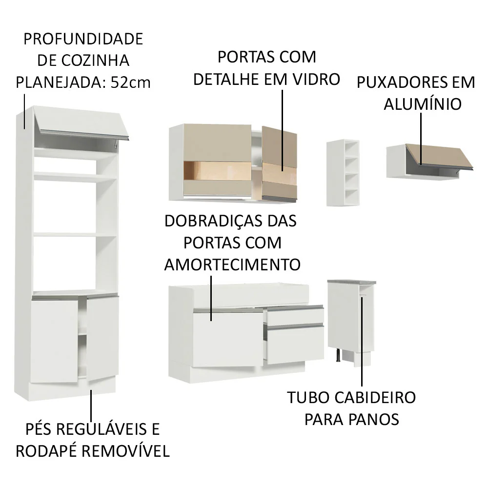 Armário de Cozinha Completa 290cm Branco/Branco/Crema Safira Madesa 03 - Image 4