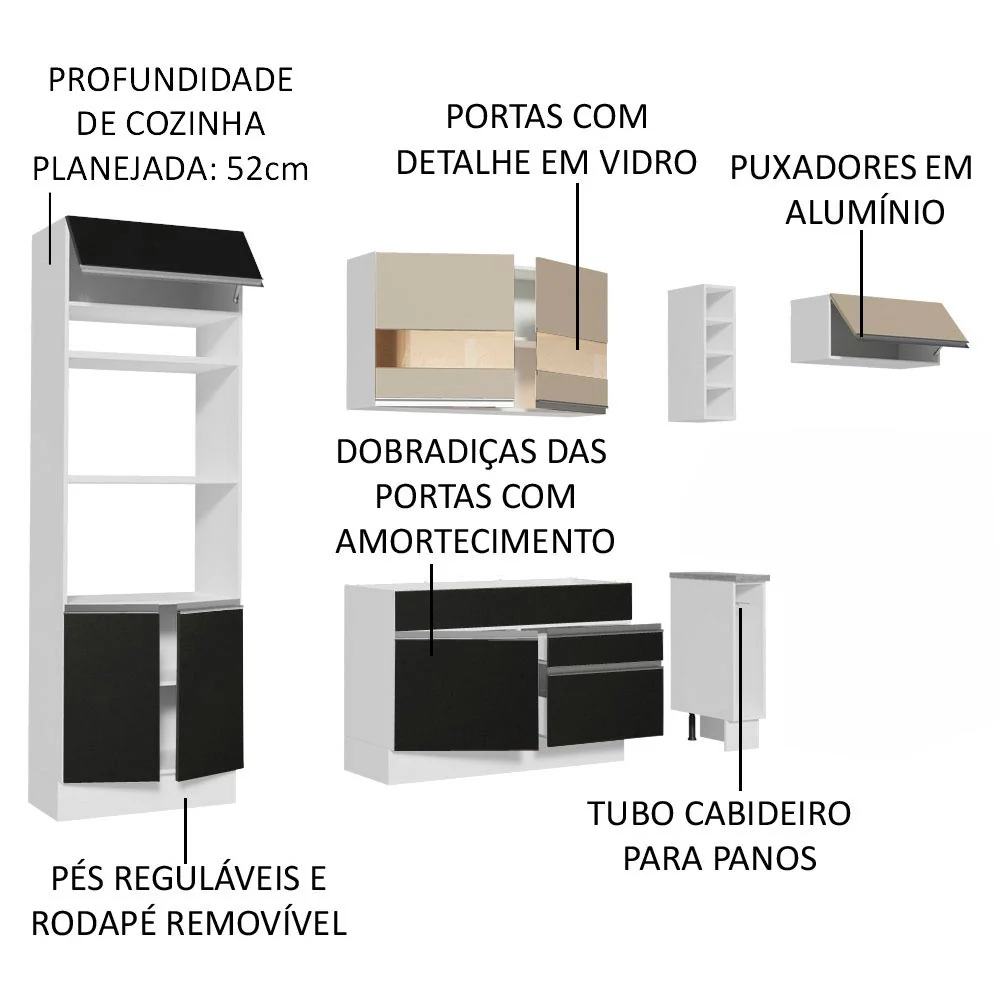 Armário de Cozinha Completa 290cm Branco/Preto/Crema Safira Madesa 03 - Image 4