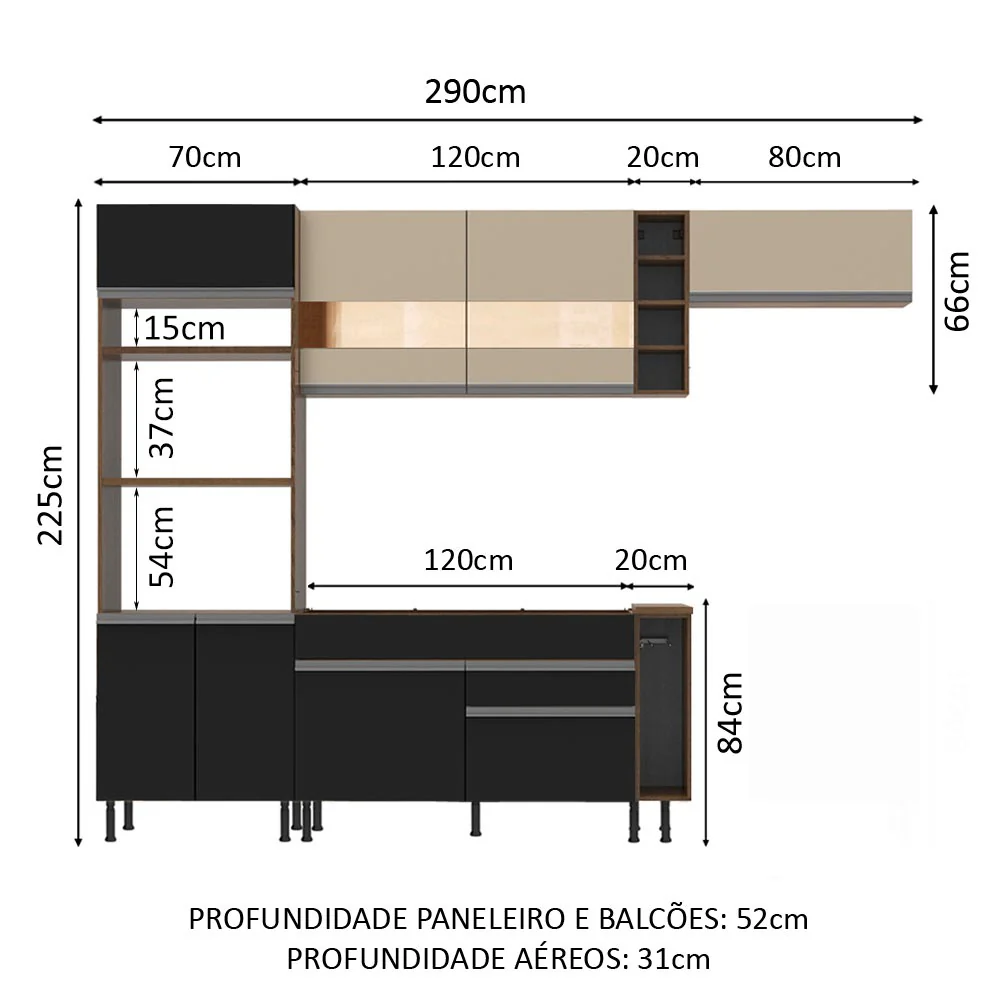Armário de Cozinha Completa 290cm Rustic/Preto/Crema Safira Madesa 03 - Image 3