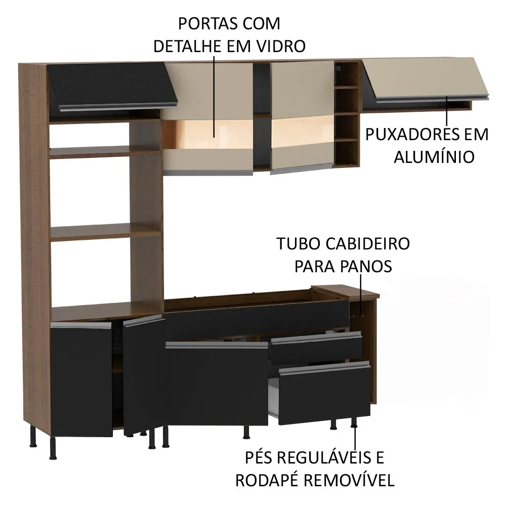 Armário de Cozinha Completa 290cm Rustic/Preto/Crema Safira Madesa 03 - Image 4