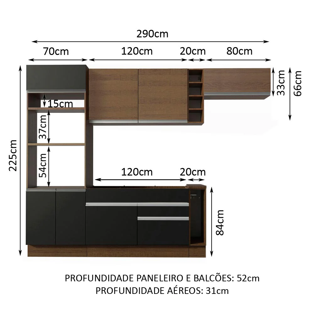 Armário de Cozinha Completa 290cm Rustic/Preto/Rustic Safira Madesa 04 - Image 3