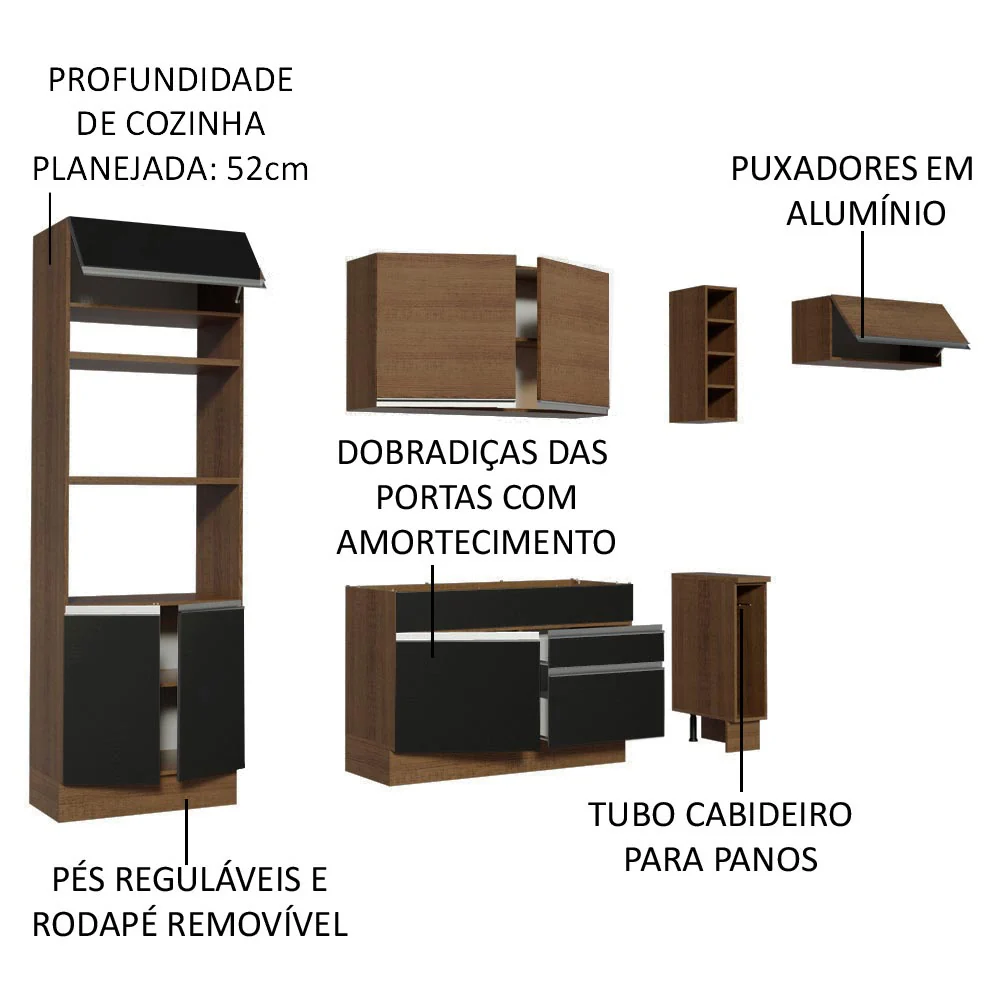 Armário de Cozinha Completa 290cm Rustic/Preto/Rustic Safira Madesa 04 - Image 4