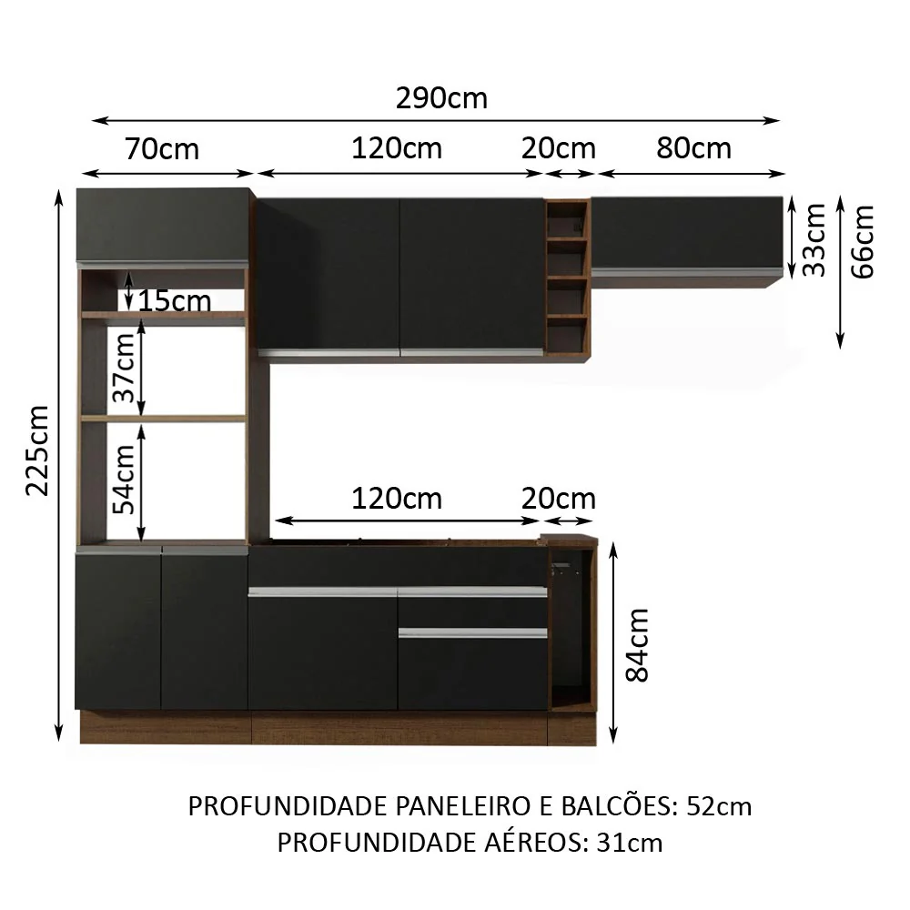 Armário de Cozinha Completa 290cm Rustic/Preto Safira Madesa 04 - Image 3