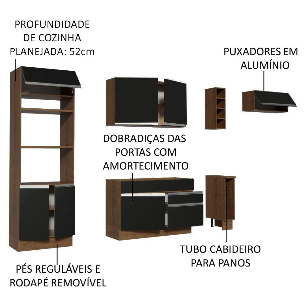 Armário de Cozinha Completa 290cm Rustic/Preto Safira Madesa 04 - Image 4
