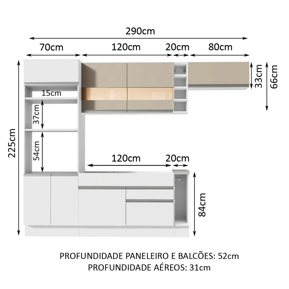 Armário de Cozinha Completa 290cm Branco/Branco/Crema Safira Madesa 13 - Image 2