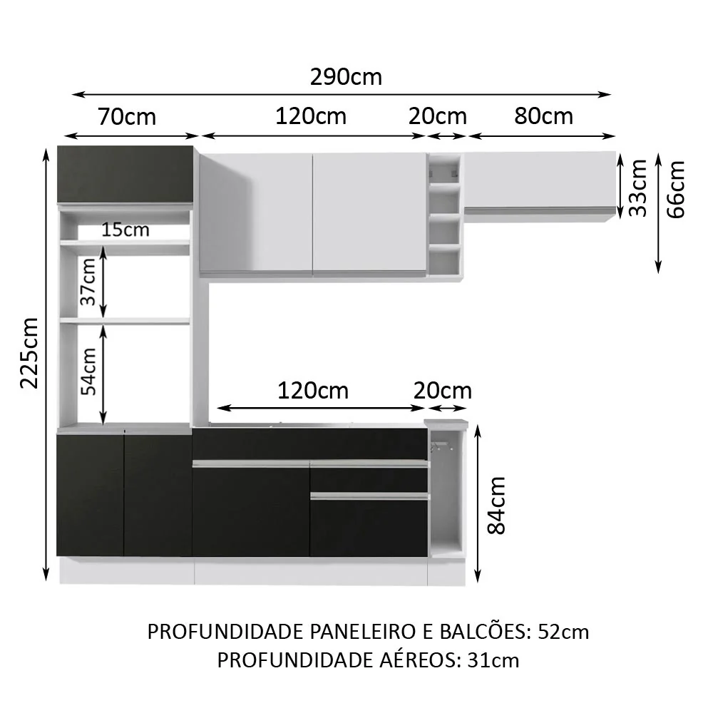 Armário de Cozinha Completa 290cm Branco/Preto/Branco Safira Madesa 14 - Image 2