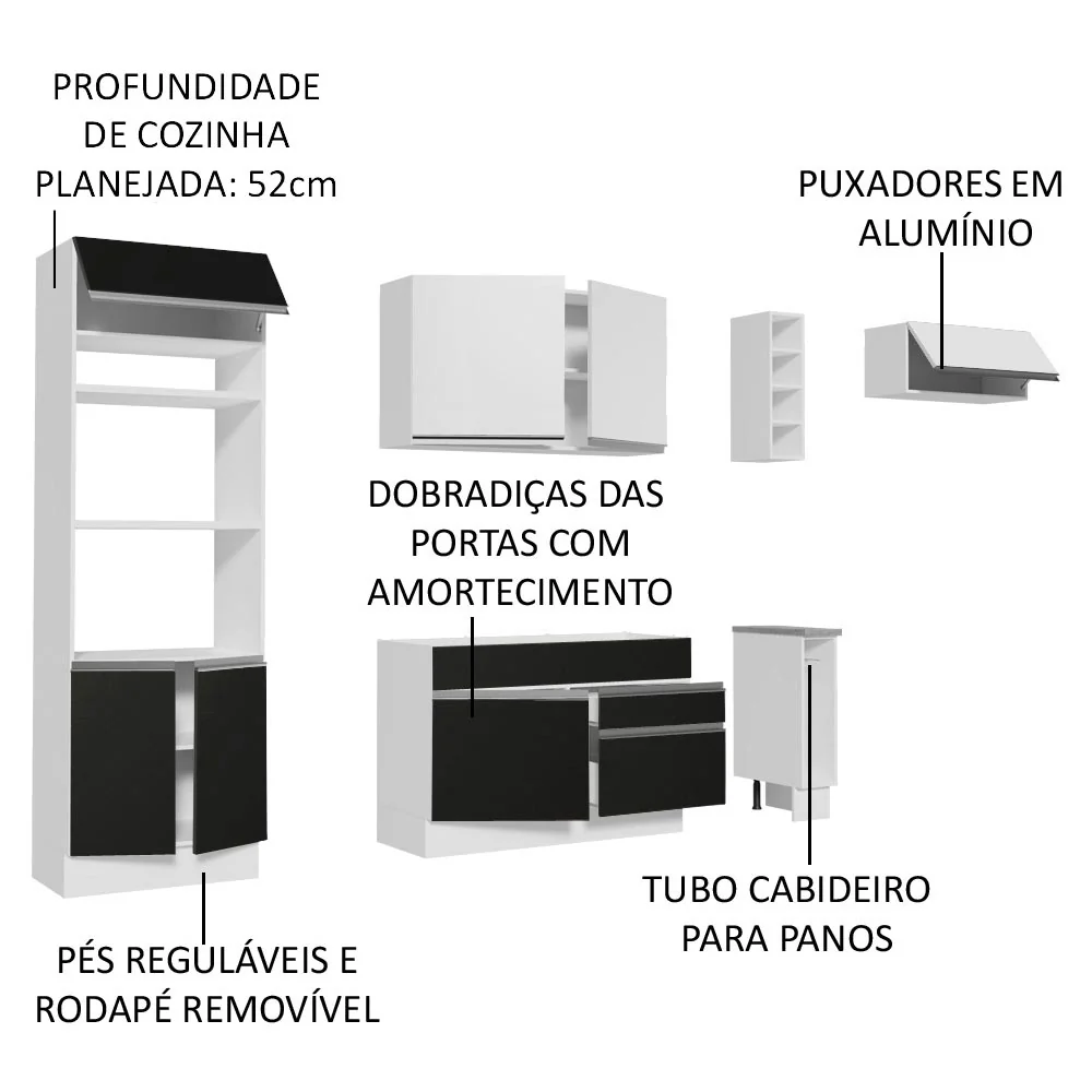 Armário de Cozinha Completa 290cm Branco/Preto/Branco Safira Madesa 14 - Image 3