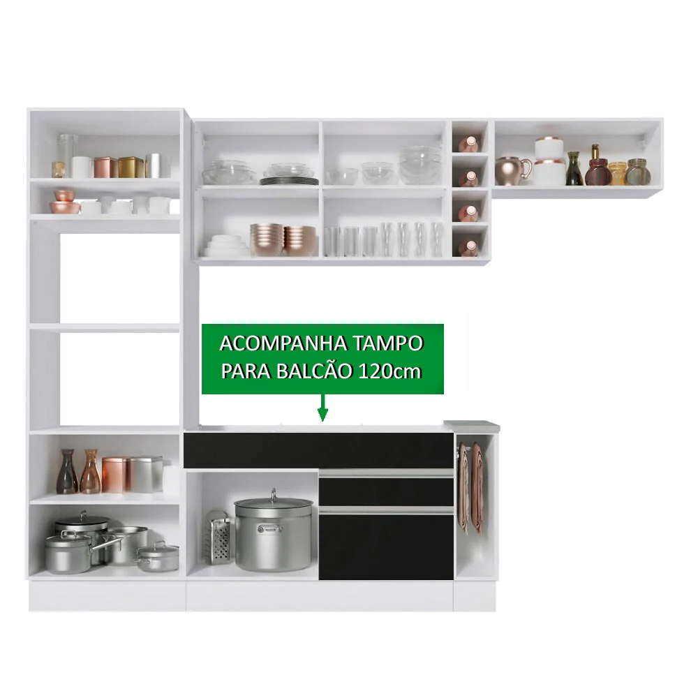 Armário de Cozinha Completa 290cm Branco/Preto/Branco Safira Madesa 14 - Image 4