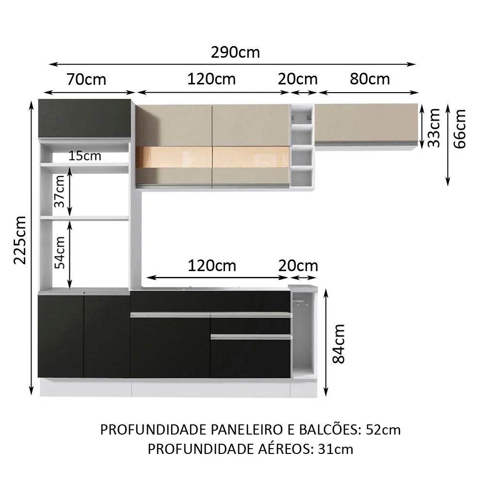 Armário de Cozinha Completa 290cm Branco/Preto/Crema Safira Madesa 13 - Image 2