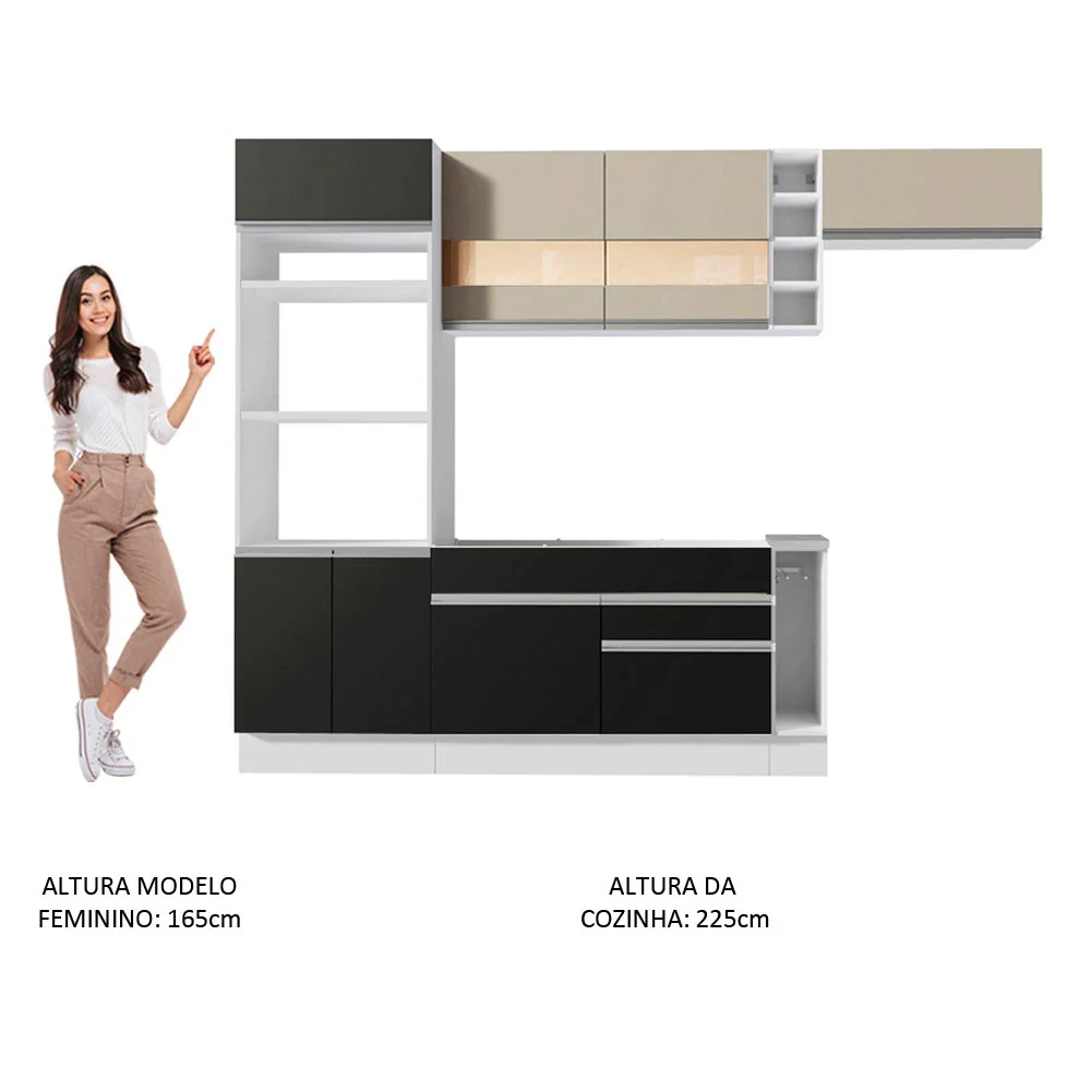 Armário de Cozinha Completa 290cm Branco/Preto/Crema Safira Madesa 13 - Image 5