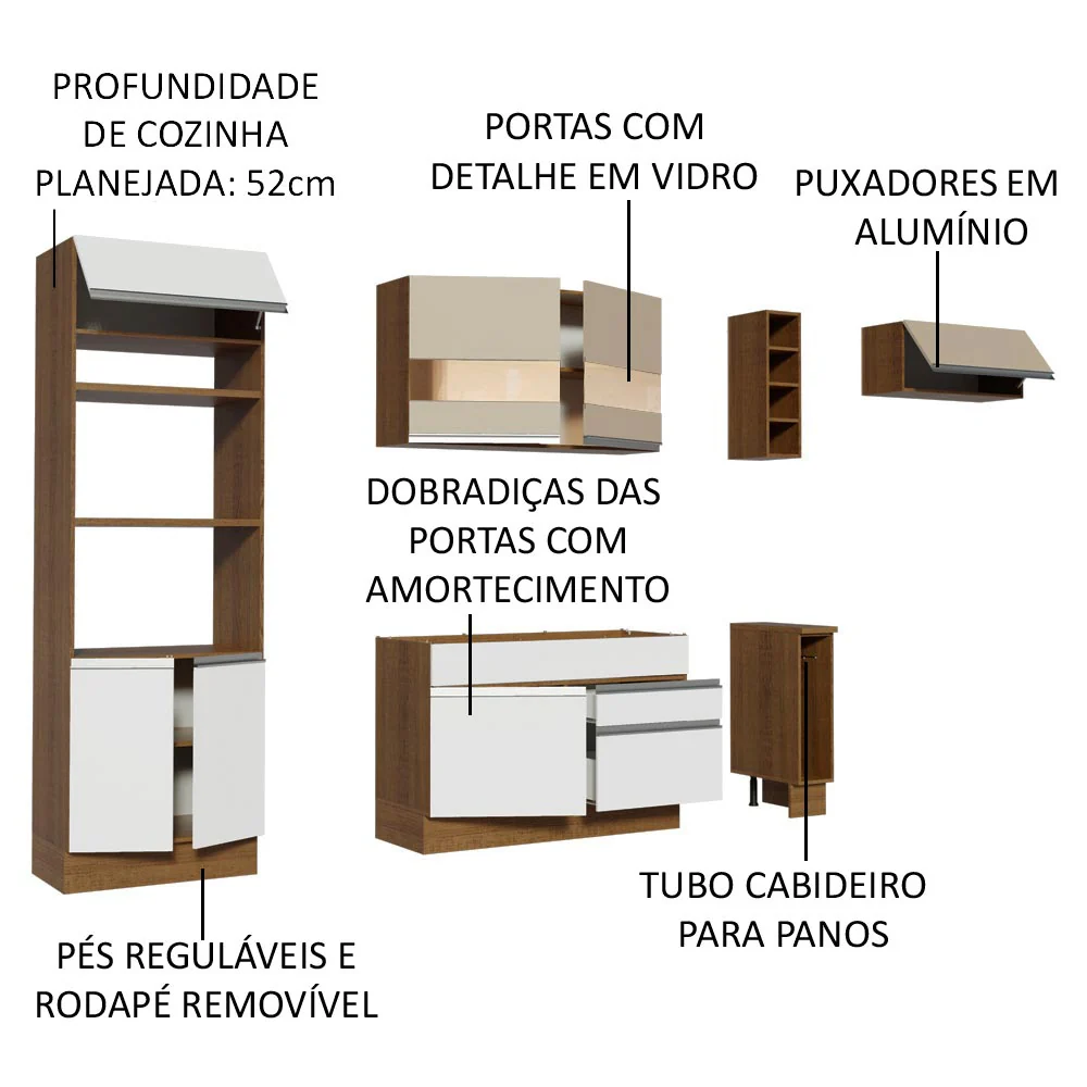 Armário de Cozinha Completa 290cm Rustic/Branco/Crema Safira Madesa 13 - Image 3